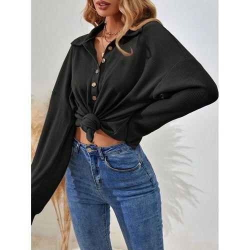 Kadın Uzun Kollu Yakalı Düğmeli Salaş Waffle Bluz
