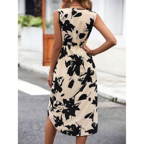 Kadın Sıfır Kol Kruvaze Yaka önden çapraz Kesim Detaylı Desenli Oysho Süprem Elbise