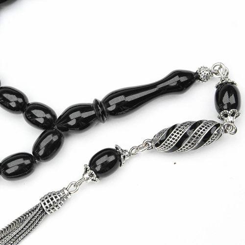 Oltu Taşı Beyzi Kesim  Gümüş Püsküllü Oltu Taşı Tespih