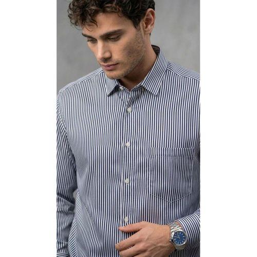 Felton Çizgili Saten Kumaş Tek Cepli Regular Fit Erkek Gömlek - Lacivert