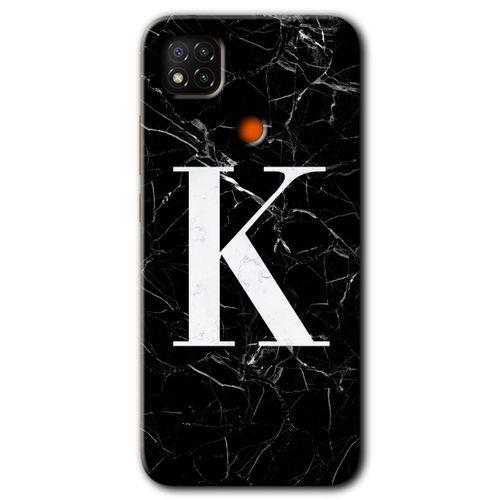 Xiaomi Redmi 9c Kılıf Baskılı Arka Kapak - Siyah Mermer Desenli K Harfi +Tam Ekran Koruyucu
