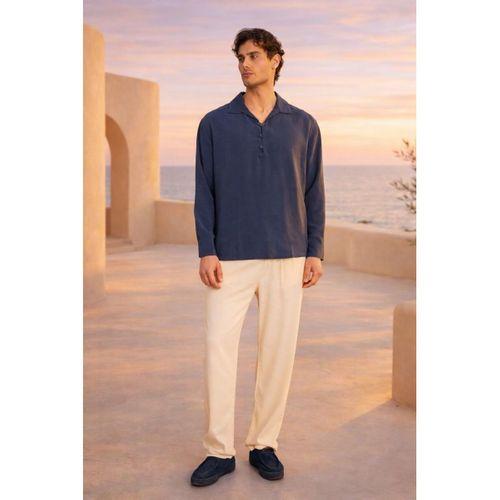 Baldwin Apaş Yaka Britli 3 Düğmeli İnce Modal Kumaş Oversize Uzun Kollu Yazlık Erkek Gömlek - Lacivert