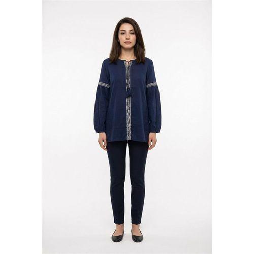 Uzun Kol Dicle Bağcıklı V Yaka Yazlık Şile Bezi Tunik Lacivert Lcvt