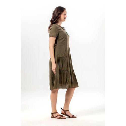 Kısa Kol Aynur Bisiklet Yaka Cepli Yazlık Vual Kısa Elbise Haki Hk