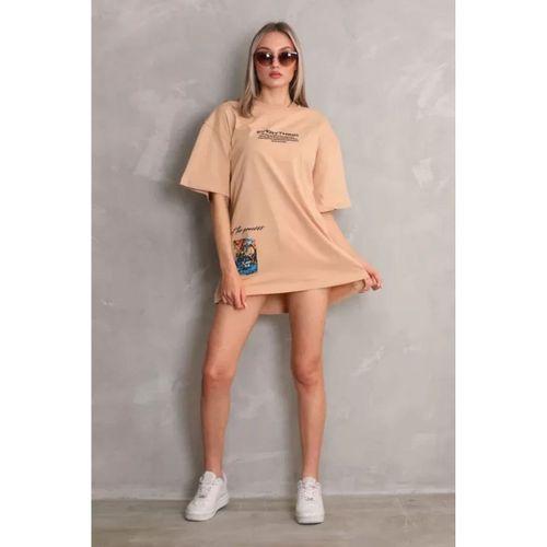Pilelistore Unisex Bisiklet Yaka Baskılı Oversize T-Shirt - Bej