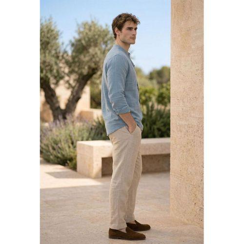 Hafif ve Nefes Alabilir Erkek Müslin Yarım Pat Hakim Yaka Oversize Gömlek- Soğuk Mavi