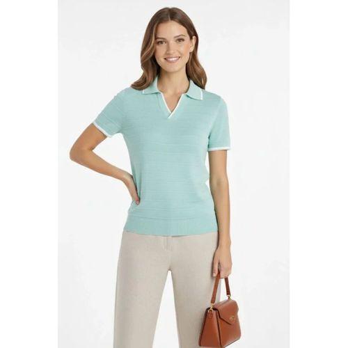 Triko Kumaş Yakalı Düğmesiz Açık Yaka Fitilli Kısa Kollu Regular Fit Tişört T-shirt - Mint Yeşili