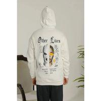 Oversize Üç İplik Şardonlu Kapüşonlu Sweatshirt – Beyaz “Other Lives” Ön Ve Arka Baskılı, Kanguru Cepli, Ribanalı Rahat Kışlık Model Beyaz