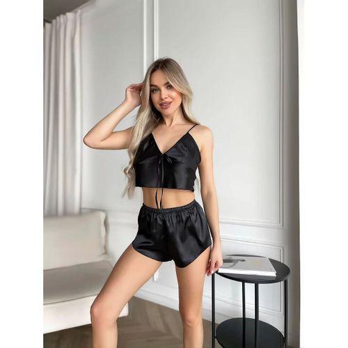 İnce Askılı Siyah Saten Şortlu Takım