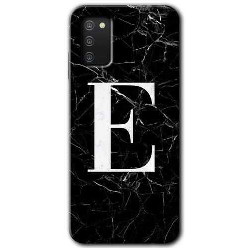 Galaxy A03s Kılıf HD Desen Baskılı Arka Kapak - Siyah Mermer Desenli E Harfi + Kırılmaz Cam