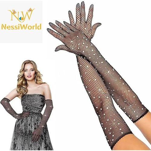 Siyah Renk İncili Elmas İşlemeli File Örgü Uzun Eldiven 45 cm