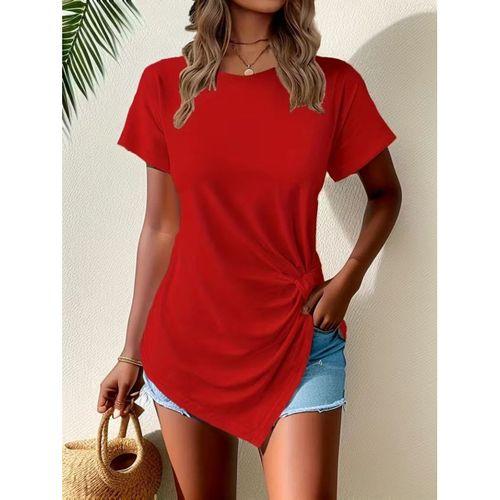 Kadın Kısa Kollu Bisiklet Yaka Asimetrik Kesim Detaylı Viskon Bluz