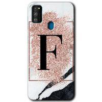 Potkal Hediye Fabrikası Samsung Galaxy M21 Kılıf HD Desen Baskılı Arka Kapak - Pembe Mermer Desenli F Harfi