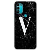 GM 21 Plus Kılıf HD Desen Baskılı Arka Kapak - Siyah Mermer Desenli V Harfi + Kırılmaz Cam