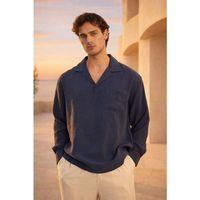 Sartre Apaş Yaka Tek Cepli İnce Modal Kumaş Oversize Yazlık Gömlek - Lacivert