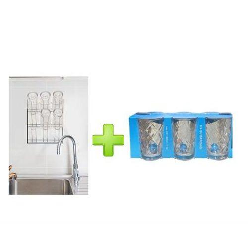 Cam Altılı Su,Meşrubat Bardağı Ve Duvar Monte Bardak Kurutmalık Set