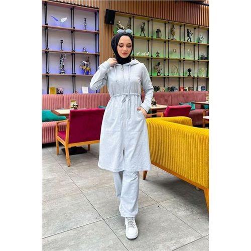 Kapşonlu Belden Bağlamalı Fermuarlı Sade Basic Uzun Tunik ve Pantolon İkili Spor Takım - 03065.008 - Gri