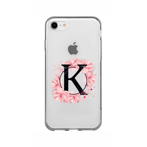iPhone 7 Pembe Çiçek Desen K Harfli Şeffaf Kılıf