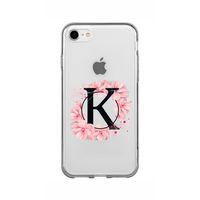 iPhone 7 Pembe Çiçek Desen K Harfli Şeffaf Kılıf