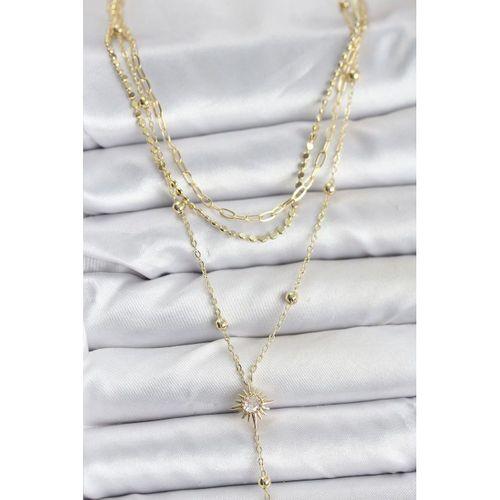 Pirinç Gold Renk Güneş Model Detaylı 3'lü Kombin Y Kadın Kolye