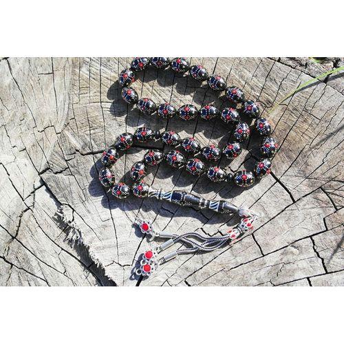 Kule Model Gümüş İşlemeli Oltu Sıkması Tespih