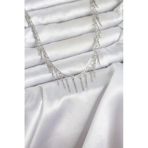Pirinç Gümüş Renk Saçaklı Model Kadın Kolye