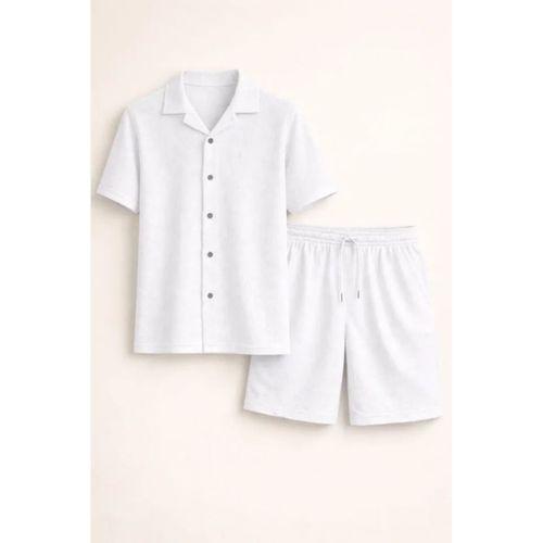 Erkek Waffle Kumaş Kısa Kollu Gömlek Şort Takım Regular Fit Yazlık İkili Set - Beyaz