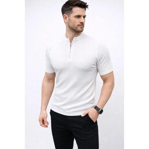 Erkek Kısa Kol Fitilli Triko T-Shirt Yazlık Hakim Yaka Tişört - Beyaz