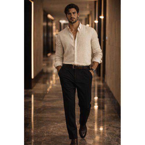 Bien Pamuk Keten Erkek Gömlek - Bej