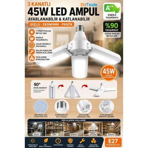 Zhltools Ultra Güçlü 3 Kollu 40-45w Ampul Led Aydınlatma Beyaz Işık Led Ampul