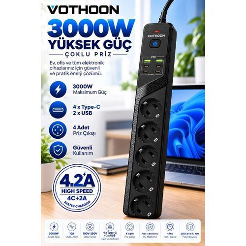 4’lü Akım Korumalı Çoklu Priz 4 Type-c 2 Usb Girişli 4.2a Hızlı Şarj Destekli Priz 3000w