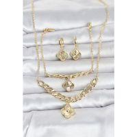 Gold Renk Pirinç Kolye Bileklik ve Küpe Seti