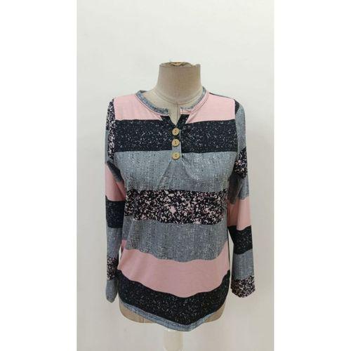 Kadın Uzun Kollu Yakadan Düğmeli çizgili Desenli Süprem Bluz