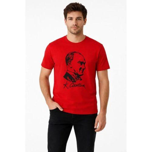 Erkek Atatürk Baskılı Tişört Kısa Kollu Bisiklet Yaka T-Shirt - Kırmızı