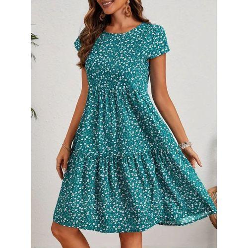 Kadın Kısa Kollu Bisiklet Yaka çiçek Desenli Süprem Elbise