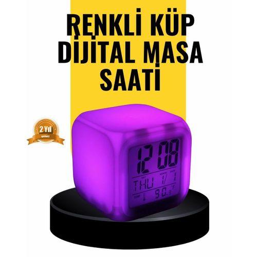 7 Renk Led Işıklı Alarmlı Dijital Küp Masa Saati Termometreli