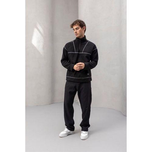 Crowe Şerit Detaylı Yarım Fermuar Polar Sweatshirt Siyah - Bezayağı Kumaş Pantolon Siyah