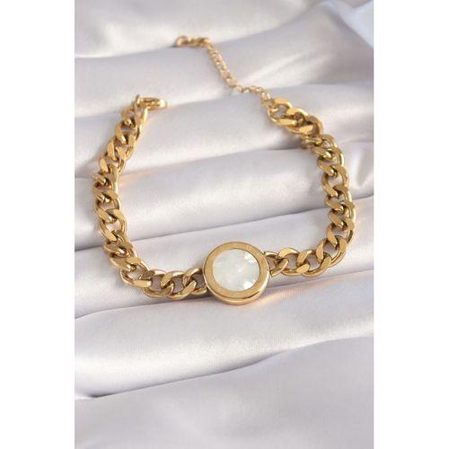 Erb 316L Çelik Gold Renk Zincir Model Beyaz  Sedefli İşleme Detay Madalyon Model Kadın Bileklik