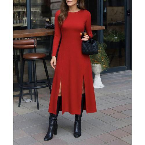 Kadın Uzun Kollu Hafif Kayık Yaka Sırt Dekolteli Yırtmaç Detaylı Viskon Tam Boy Elbise