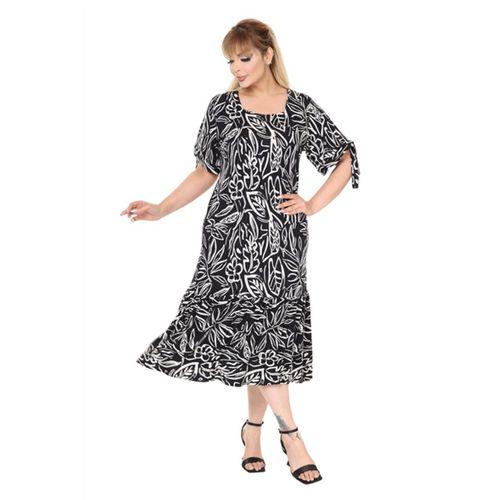 Melsay Butik Siyah Kolları Bağlamalı Kısa Kollu Yaprak Desen Elbise