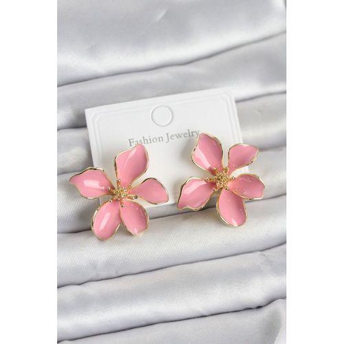 Pembe Mineli Çiçek Model Pirinç Kadın Küpe