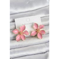 Pembe Mineli Çiçek Model Pirinç Kadın Küpe