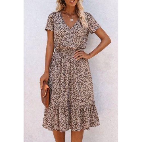 Kadın Kısa Kollu V Yakalı Beli Lastikli Midi Süprem Elbise