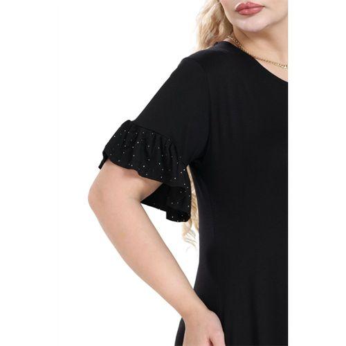 Melsay Butik Siyah Kolları Taş Baskılı Fırfırlı Kısa Kollu Kadın Midi Elbise
