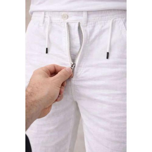 Erkek Keten Cepli Pantolon Lastikli Bel Bağcıklı Önden Fermuarlı - Beyaz