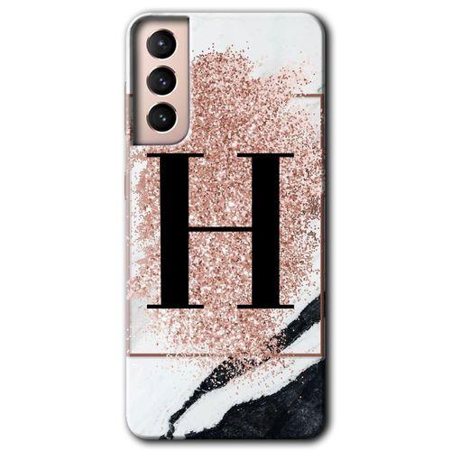 Samsung Galaxy S21 Plus HD Baskılı Kılıf + 9D Tam Ekran Koruyucu - Pembe Mermer Desenli H Harfi