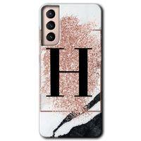 Samsung Galaxy S21 Plus HD Baskılı Kılıf + 9D Tam Ekran Koruyucu - Pembe Mermer Desenli H Harfi