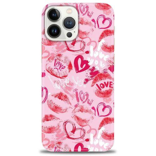 iPhone 13 Pro Max Kılıf HD Baskılı Kılıf - Pembe Love + Tam Ekran Koruyucu