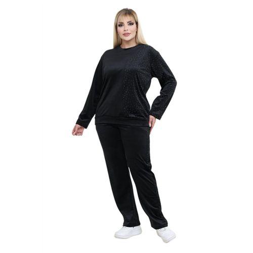 Melsay Butik Parlak Kadife Siyah Yarım Garni Taşlı Kadın Eşofman Takımı