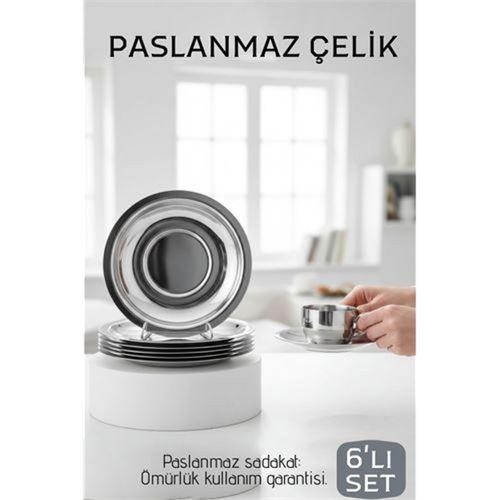 Paslanmaz Çelik Çay Tabağı Seti - Premium 304 Kalite  6 Parça Lüks Aynalı Parlaklık ve Modern Tasarım